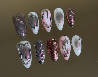 Magenta Pink Chrom Press-on Nägel: 3D Silber Abstrakte Metallic Statement Nägel