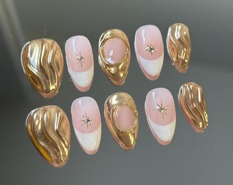Golden French Tip Press On Nails: Elegant Soft Pink Almond Design