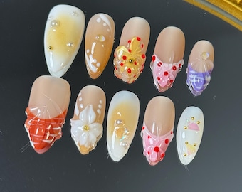 Sunset Carnival Press-On Nails: 3D Flower Gel, Polka Dot Design