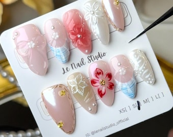 3D Bow Press On Nails: Pink Floral, Gold Accents