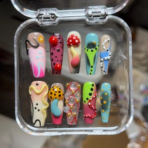 Funky Mushroom Design Long Coffin Press On set Playful Fun colorful design Fungus 3D Handmade Gel Press On Nail For Stylish Look and Special