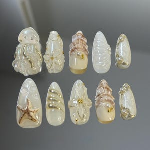 Aquaflora | Ivory Tones Handmade Presson with 3D Jellyfish and Starfish with Gold Embellishment and Pearl Accent Exquisite Design Almond