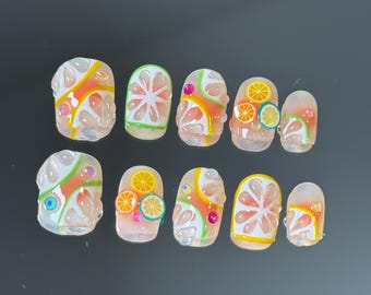 Citrus Press-On Nail Set: Orange, Lime & Lemon Design