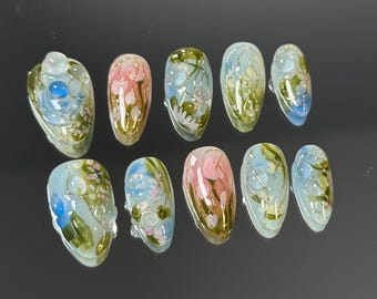 Monet Water Lilies Press On Nails: Spring Floral Nail Art