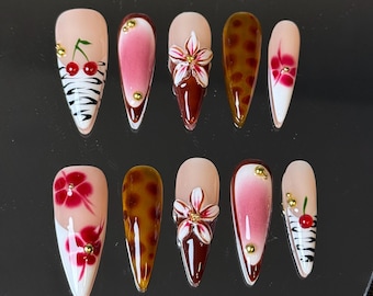 Tropische Blumen Press-On Nägel: Ombré Stiletto mit 3D Blume & Zebra