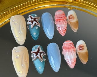 Coastal Serenity Press-On Nägel: 3D Seestern Muschel Mandel Set