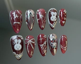 Miffy Bunny Press-On Nails: Red Holiday Nails with Silver Accents