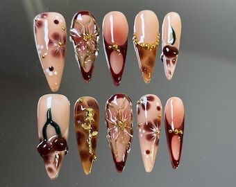 Autumn Cherry Press On Nails: Burgundy Stiletto with Tortoiseshell & Gold