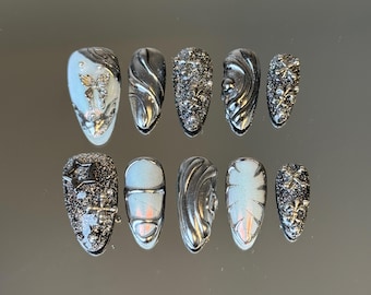 Gothic Chrom Pressnägel: Metallic Wirbel, 3D Glitzer Nagelset