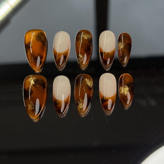 Tortoiseshell Almond Press-On Nails: Gold Leaf French Tip, Elegant Sophisticated Look