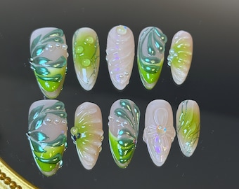Enchanted Forest Press-On Nails: Green Pearl Iridescent Floral Design