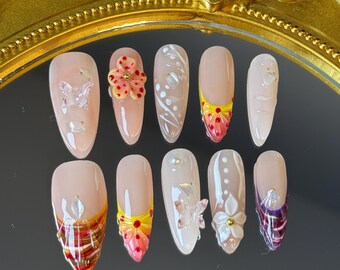 Sonnenuntergang Blüte Drücken Sie auf die Nägel: Lange Almond Floral 3D Gel