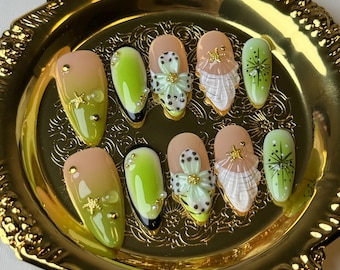 Spring Meadow Press-On Nails: Green Floral 3D Designs
