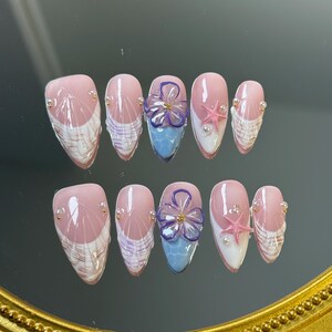 Seashell Press-On Nails: 3D Flower & Starfish Design - Elegant Beach Style
