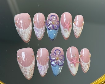 Seashell Press-On Nails: 3D Flower & Starfish Design - Elegant Beach Style