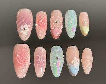Handmade Pastel Press-on Nail Set: Butterfly, Petals, Iridescent Hues