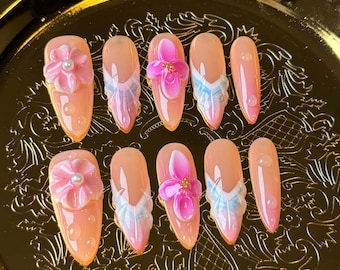 Rosa Almond Press-On Nägel: 3D Blume Perle Nagel Set