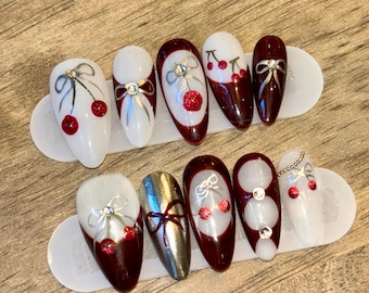 Cherry Bow Press-On Nail Set: Burgundy, White & Silver Accents