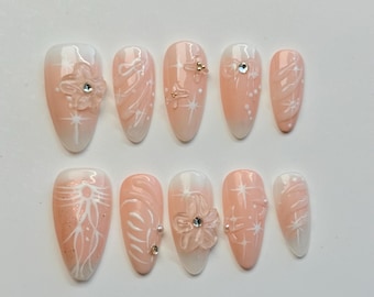 Pink Blush Press-on Nails: 3D Flower Butterfly Almond Nails