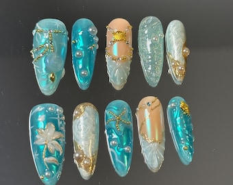 Oceanic Press-On Nails: Teal Aqua Starfish 3D Flower - Long Almond