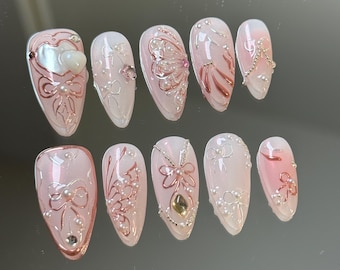 Pink Press-On Nails: Heart, Butterfly, Pearl Accents