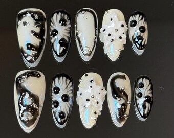Black & White Floral Press On Nails: 3D Swirl Gothic Set