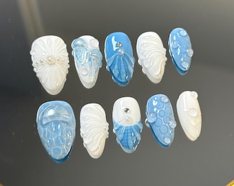 Jellyfish Press-On Nails: Blue Ocean Waves, Shell Accents & Pearls