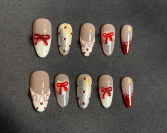 Valentinstag Press-On Nägel: Rote Schleife Glitter Nail Art