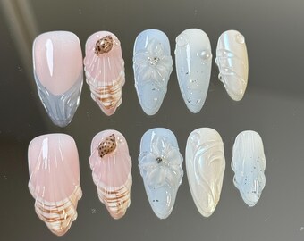 Pastel Pink & Blue Press-On Nails: 3D Flower Seashell Design