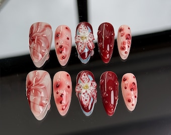Burgund Blumen 3D Press-On Nägel: Romantische Perlenakzente