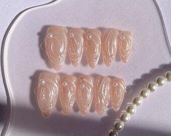 Pearlscent Swirl Coral Based Handmade Presson Nail with Subtle Pearly Sheen and Delicate 3D Swirl Accents Classic Elegant Nail Wear
