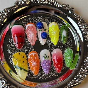 Fruity Feast Inspired Nail Set with Blueberry, Grape, Strawberry, Kiwi, Grapefruit, Watermelon Design 3D Vibrant Summer Vibes