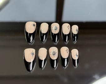 Starry Night Press-On Nails: Almond, Black Tip, Celestial Design