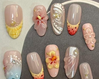 Tropisches Fest 3D Floral Press-On Nägel: Frühling Sommer Perlenakzente