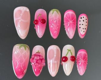 Fruchtige Pinke Nägel: 3D Erdbeere, Kirsche & Wassermelone Design