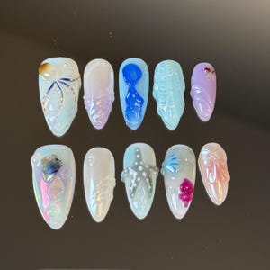 Ocean Fantasy Inspired Handmade Presson Nails with 3D Octopus Starfish Jellyfish Sea waves and Seashell Embellishments Perfect for Vacation