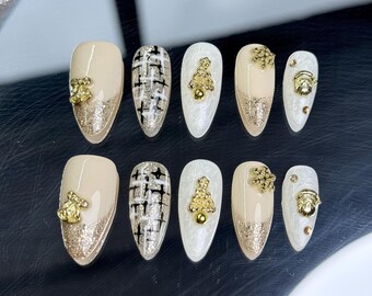 Gold Glitter Holiday Press-On Nails: Textured Almond Nail Set