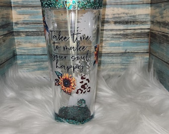 Acrylic Snow-Globe Tumbler - 22 oz, Teal sunflower, Blinged Dome, Comes with Straw.