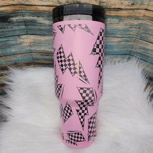 40 oz Stainless Steel Stanley Dupe - Laser Etched Pink Rugged Checkers lightning Bolt Design