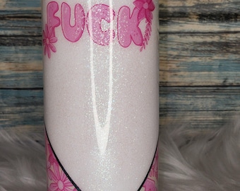 Stainless Steel Tumbler - 20 oz, Pink/White, "F**K", Glows, Comes with Straw.