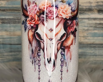 Stainless Steel Tumbler - 20 oz, Pretty Bull Skull, Whit/Pink, Comes with Straw.