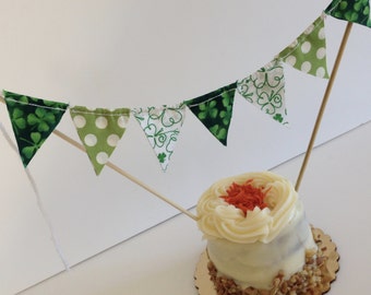 IRISH CAKE TOPPER--St. Patrick's Day Fabric Cake Topper Banner Bunting Garland Flags--St. Paddy's Shamrocks--March 17th--Green White Dots