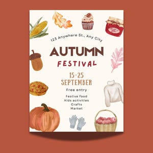 Bellissimo volantino di invito per festival autunnale, festa autunnale, zucca, riunione della chiesa, settembre, ottobre, modello di design Canva stampabile, modificabile