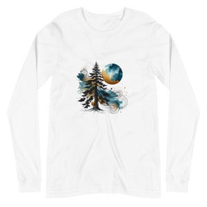 May include: White long-sleeve t-shirt with a black silhouette of a pine tree with a blue and gold watercolor moon behind it.