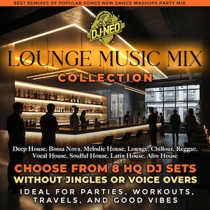 Può includere: Immagine promozionale per una raccolta musicale. L'immagine presenta una scena di bar con persone e il testo "LOUNGE MUSIC MIX COLLECTION". È presente anche il testo "CHOOSE FROM 8 HQ DJ SETS WITHOUT JINGLES OR VOICE OVERS".