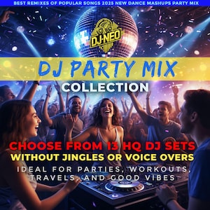 May include: Promotional image for a DJ party mix collection. The image shows a disco ball, the text "DJ PARTY MIX COLLECTION", and a crowd of people dancing. The text also says "CHOOSE FROM 13 HQ DJ SETS WITHOUT JINGLES OR VOICE OVERS."