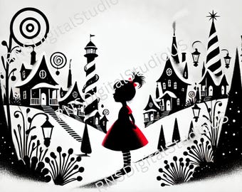 Cindy Lou Whoville Christmas Scene Grinch PNG Black and White with Red Dress