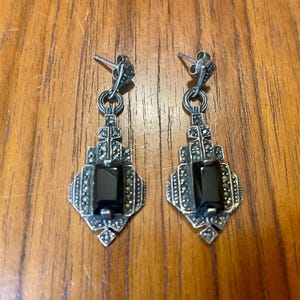Vintage Sterling Silver 925 Malachite & Onyx Art Deco Dangle Earrings