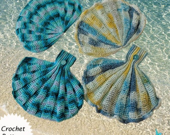 May include: Four crocheted seashells in blue, green, and yellow colors. The shells are arranged on a blue and white background. The text "Crochet Pattern" and "CREATIVE ART EXPRESSIONS" are visible in the image.