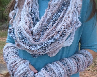 Sea Breeze Crocheted Infinity Scarf & Long Fingerless Gloves Set in Sand Dunes, Brown, Tan, Dark Grey, Almond, Unique Women Gifts,